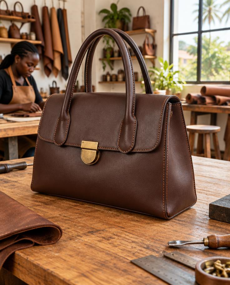 Structured brown leather ladies' handbag in a workshop