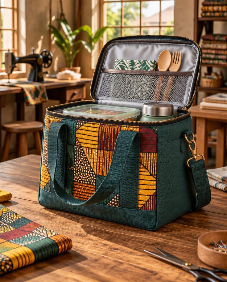 Patterned insulated lunch bag with its compartments open