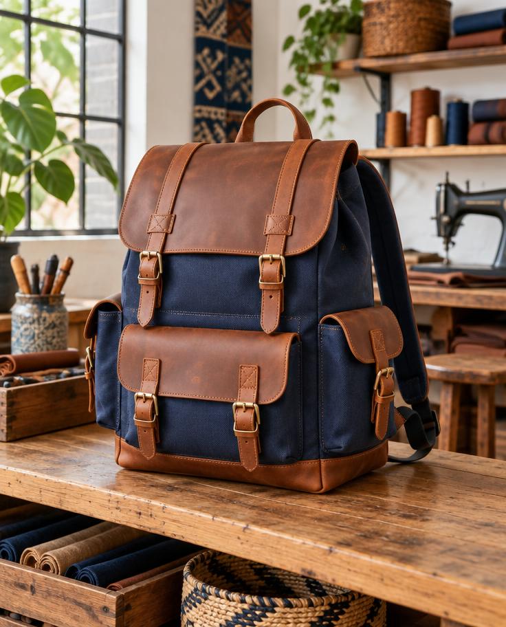 Handmade navy and leather school backpack in a workshop
