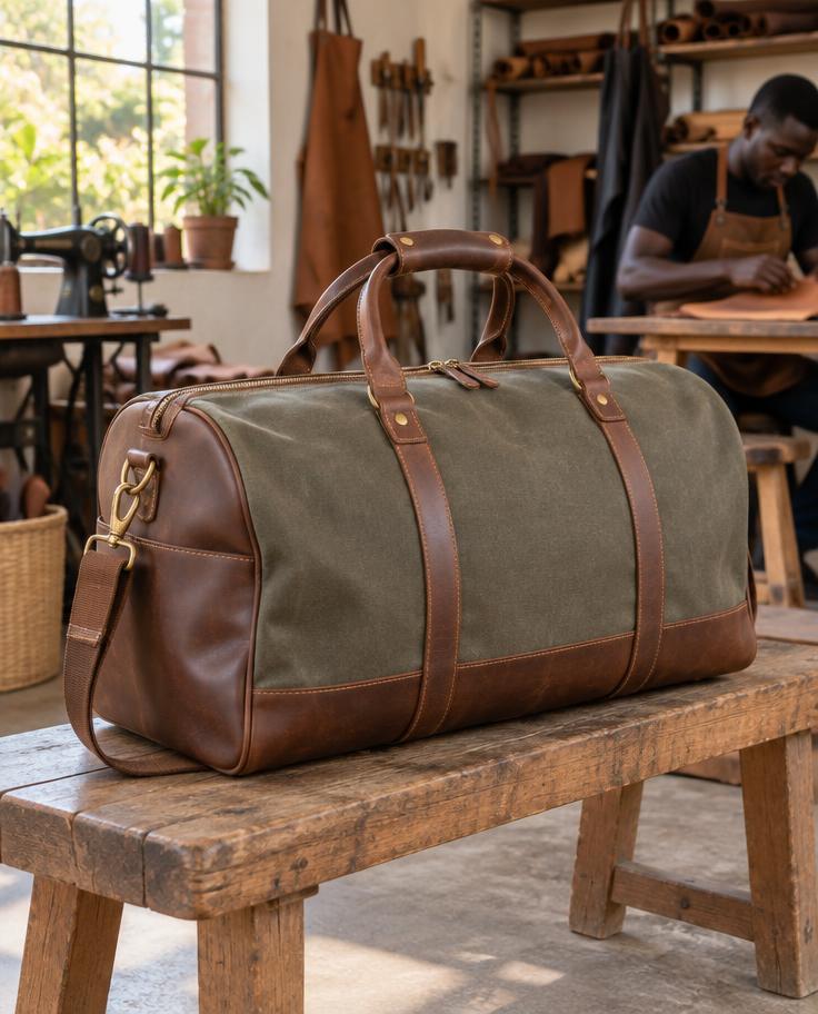 Canvas and leather travel duffel bag on a wooden bench